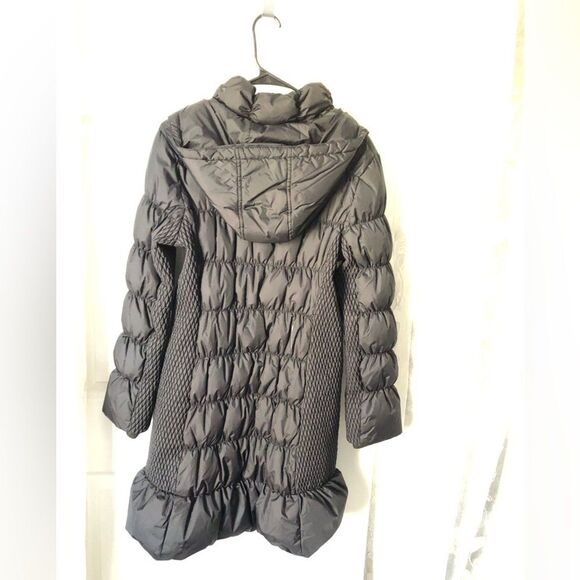 Via Spiga black down puffer jacket coat hoodie sz L full zip up tiny liner stain - Picture 9 of 11
